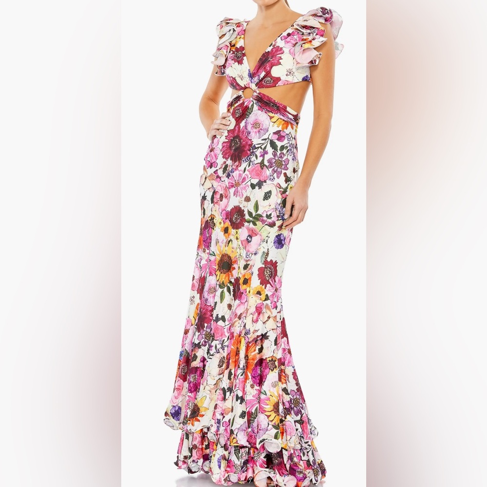 Mac Duggal Floral Maxi Gown in White, Pink, Yellow & Purple